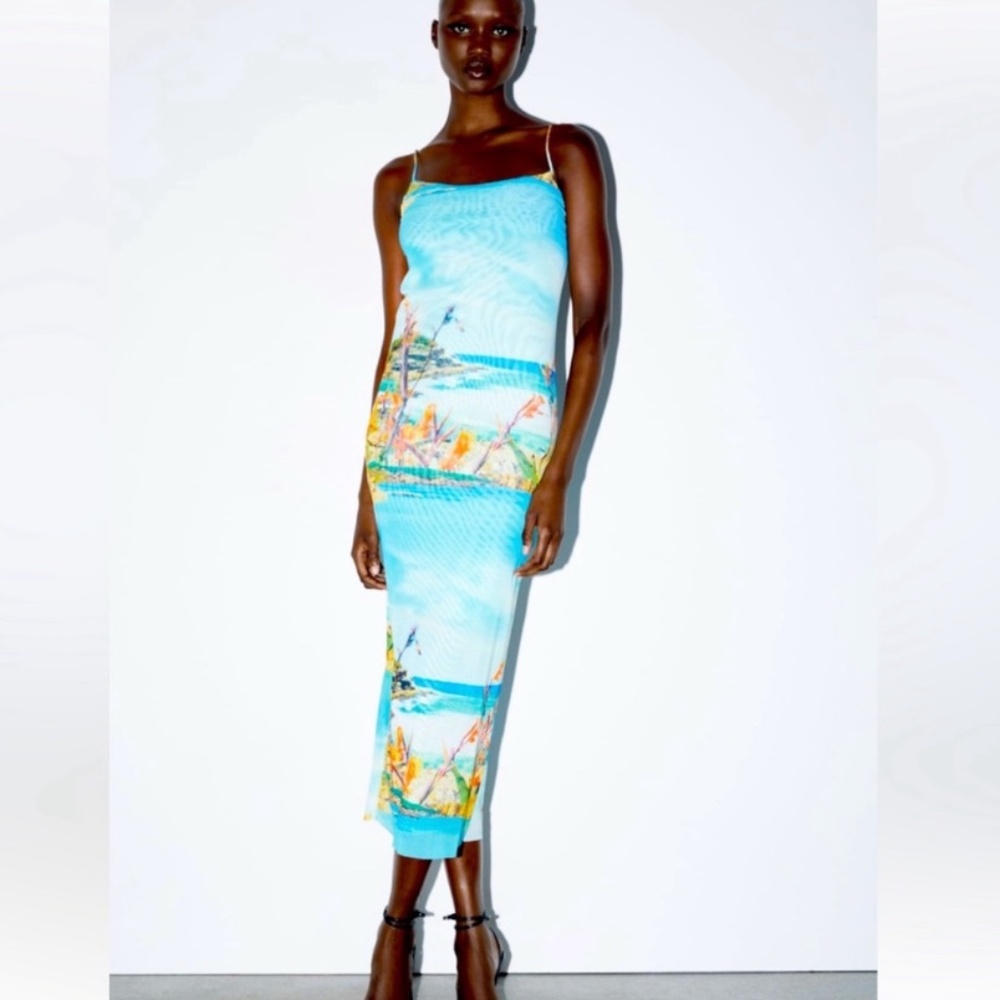 NWT ZARA Tropical Island Print Tulle Maxi/Midi Dress Size Small